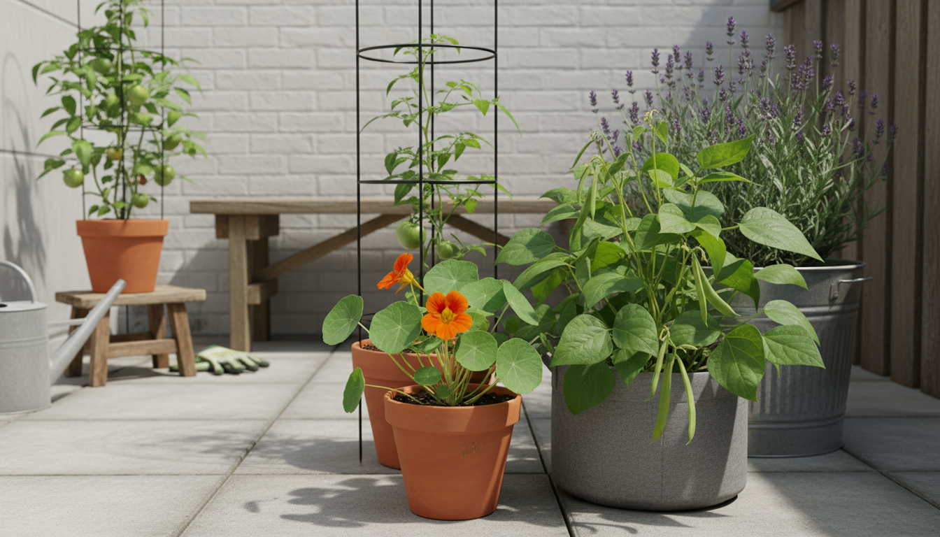 A vibrant tomato, basil, and marigold 'guild' thriving in a large fabric grow bag on a sunlit patio, with other varied containers in the blurred backg