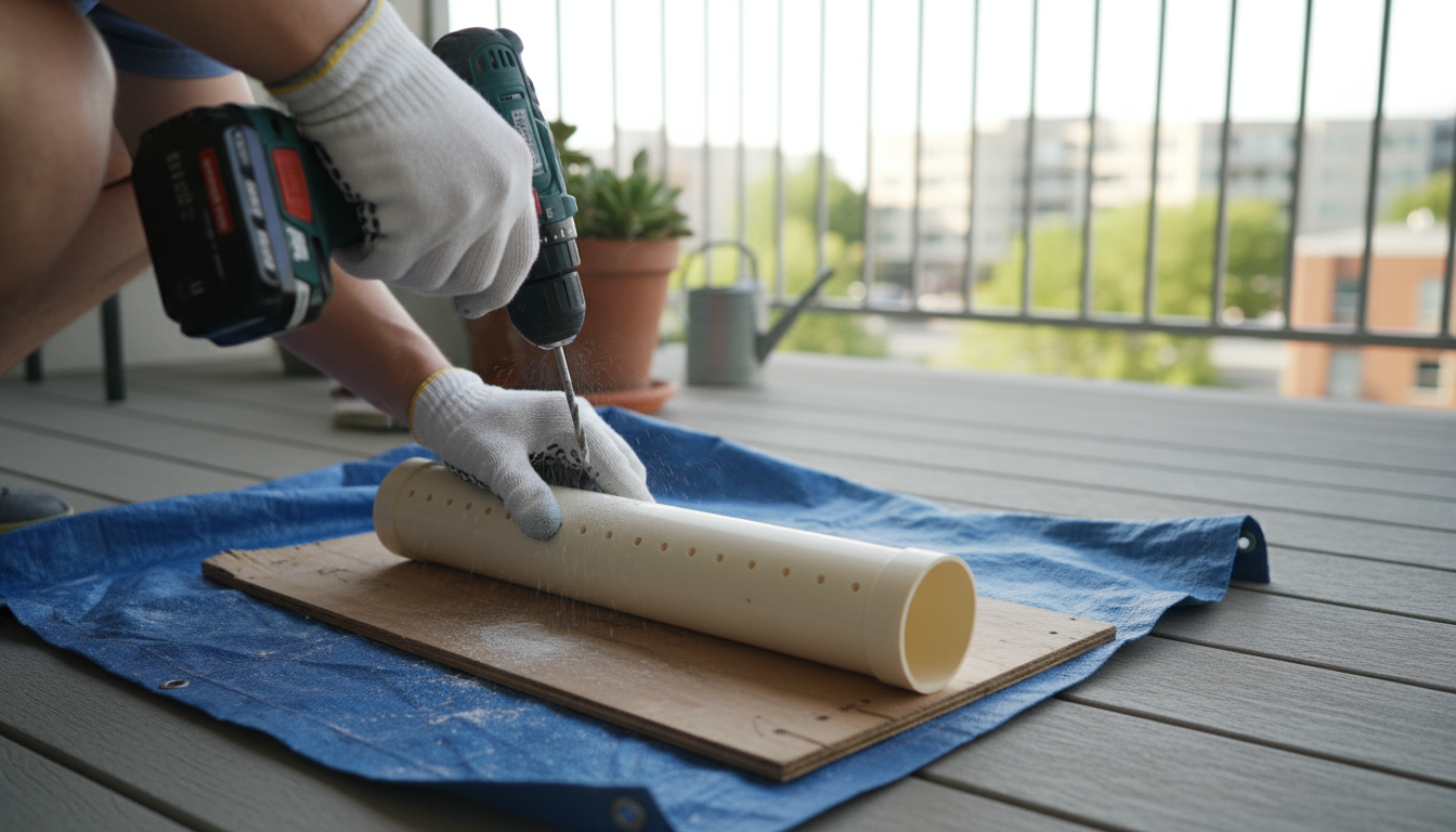 Weathered wooden pallet vertical garden on a sunny urban balcony, filled with vibrant herbs and flowers in slats and attached terracotta pots.