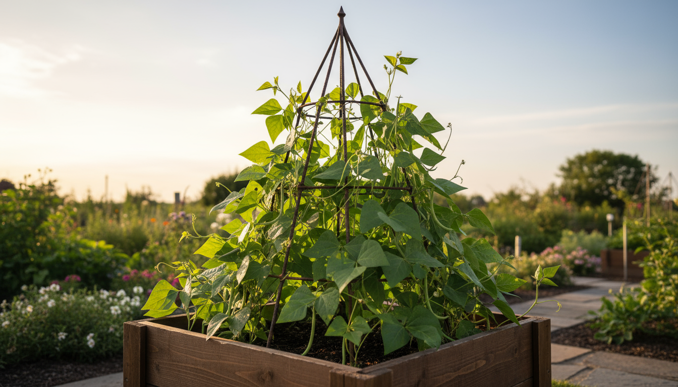 A vibrant, compact determinate cherry tomato plant, laden with ripe red and yellow fruits, in a terracotta pot on a sunny patio, supported by a stake.