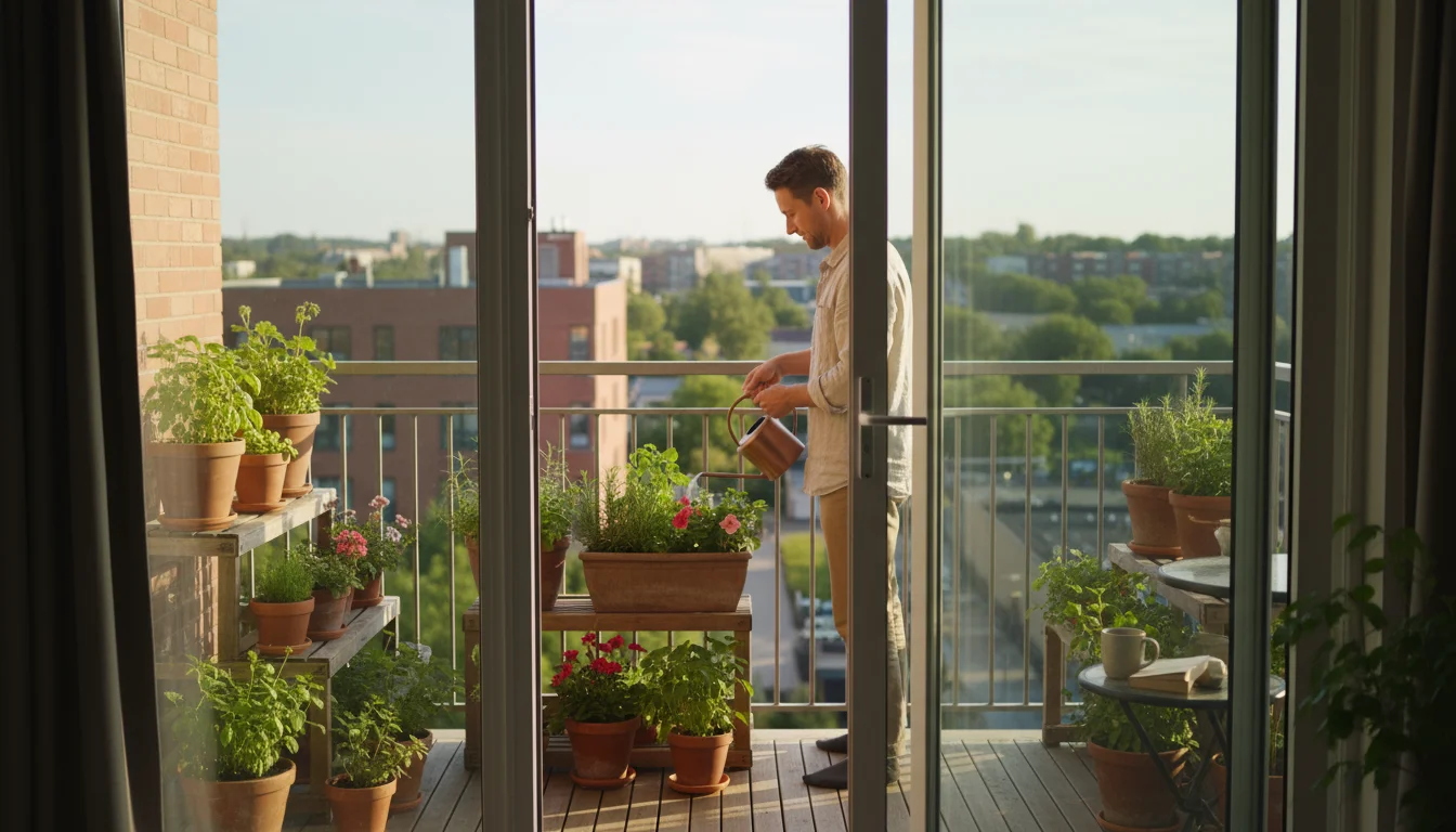 Early morning sun illuminates a person watering container plants and a vertical garden on a small urban balcony, viewed through an open glass door.