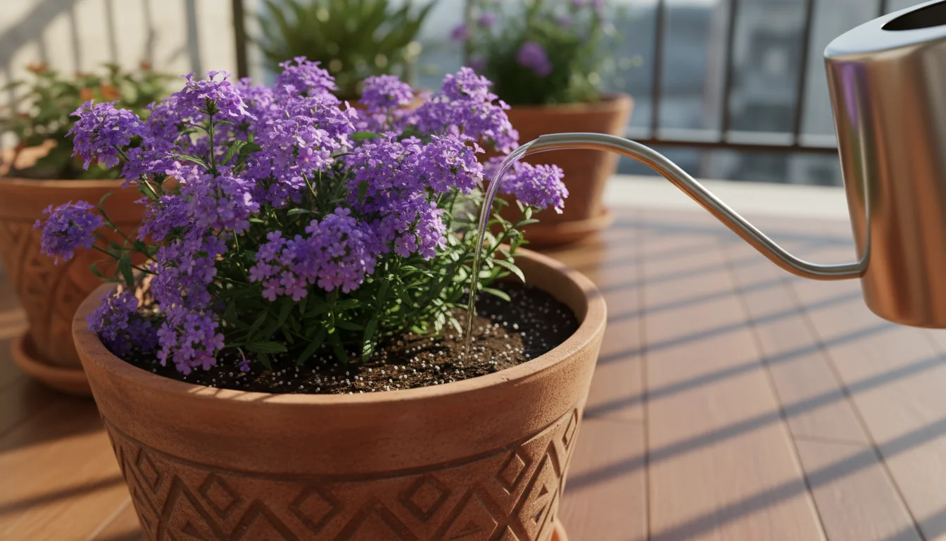 Early morning sun illuminates a watering can precisely watering the soil around a purple Verbena in a terracotta pot on a balcony, emphasizing efficie