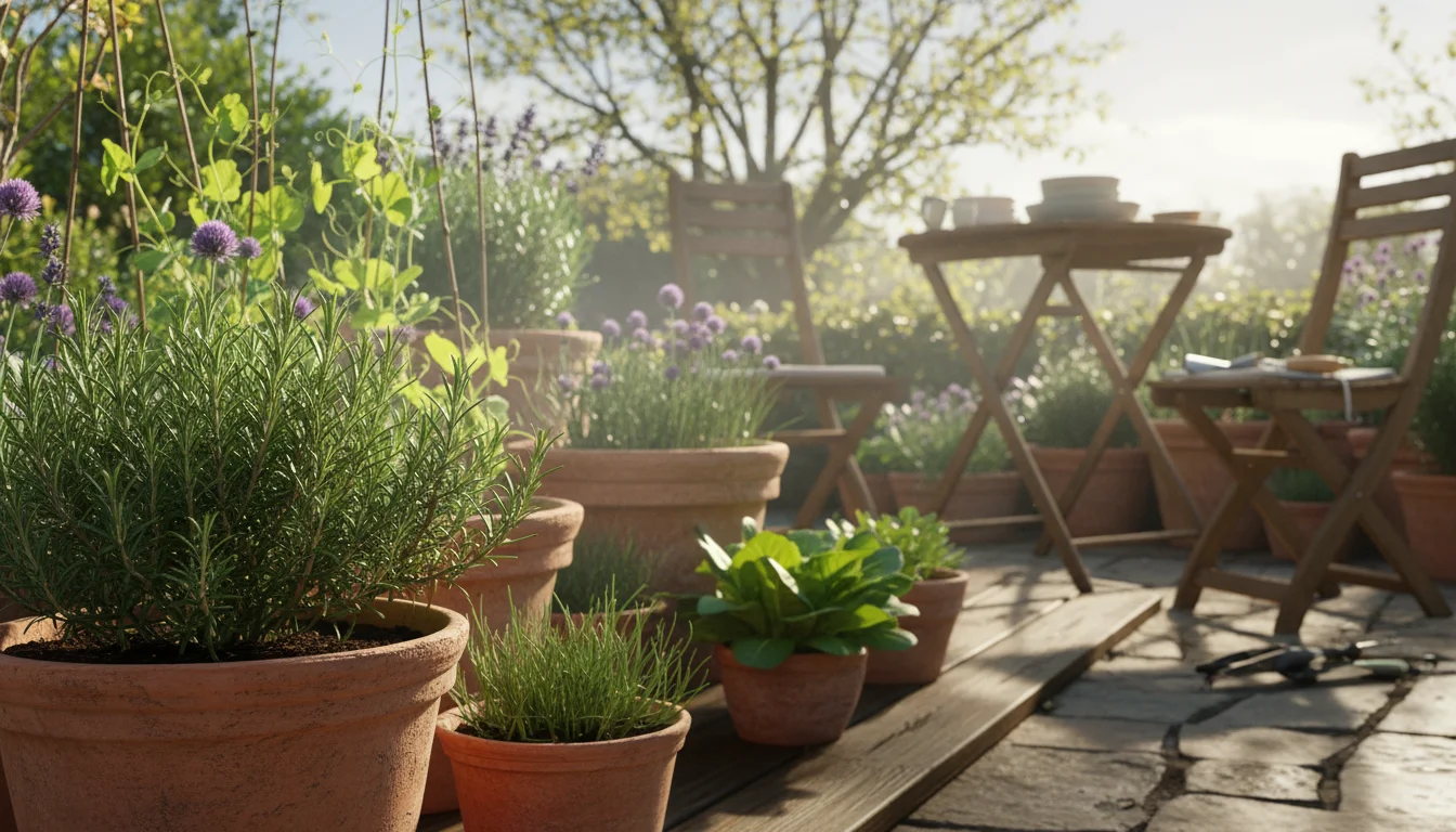 Early morning sun on a patio container garden, with new green growth on a rosemary bush in a terracotta pot and an outdoor thermometer reading 58°F.