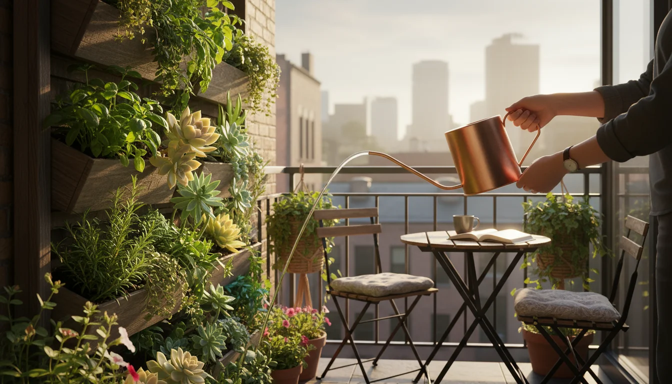 Early morning sunlight illuminates a person watering a vibrant vertical garden on a small urban balcony, dew glistening.