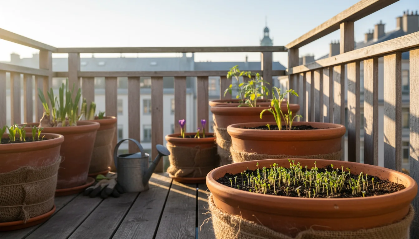 Early spring balcony with terracotta pots, some still insulated. Bright green shoots emerge from soil in foreground pot, signaling new growth.