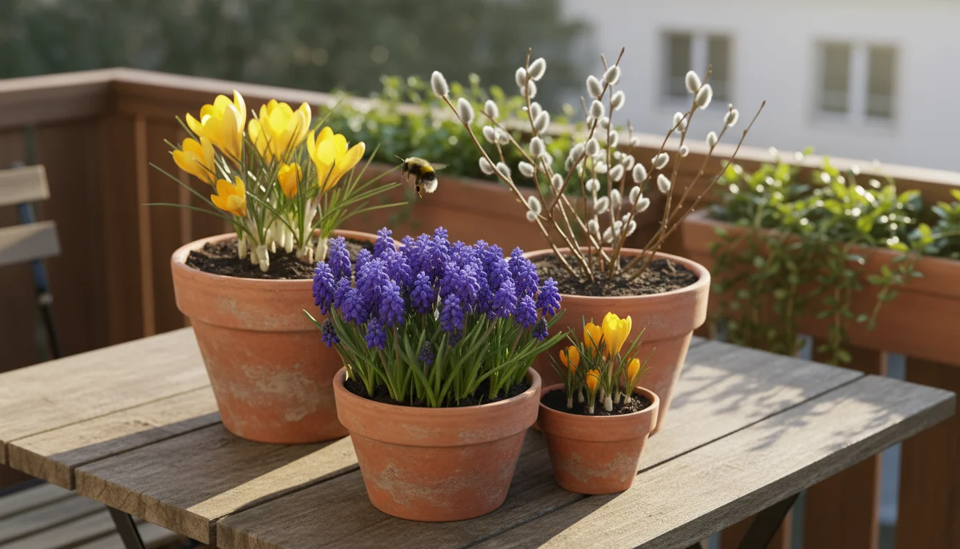 Close-up of early spring pollinator pots on a balcony table: vibrant grape hyacinths, yellow crocuses, and a pussy willow, with a bumblebee foraging.