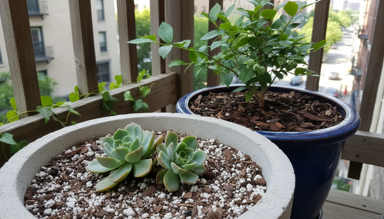 Echeveria succulent in a concrete pot with gritty soil next to a miniature blueberry bush in a ceramic pot with dark soil, on an urban balcony.