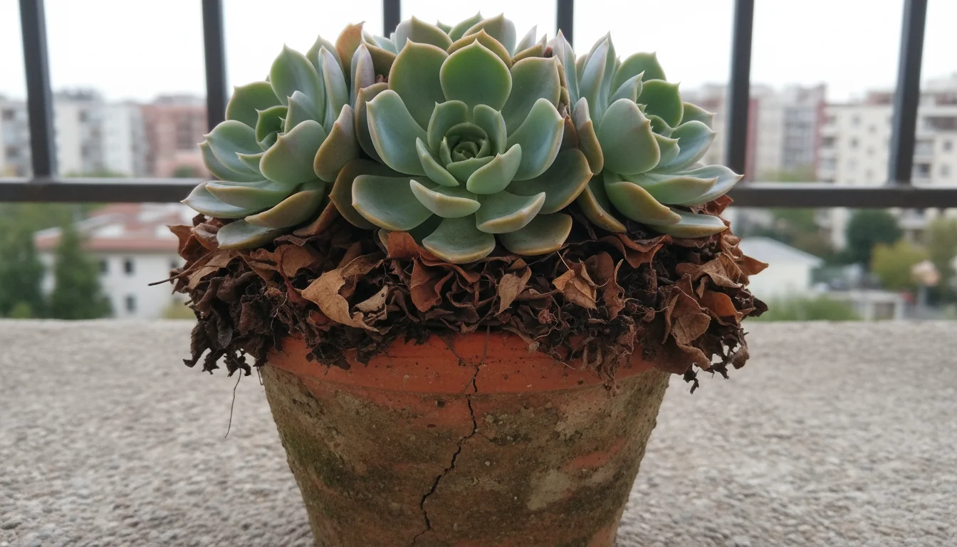 Close-up of an echeveria succulent in a terracotta pot, with damp fall leaves clustered around its base.