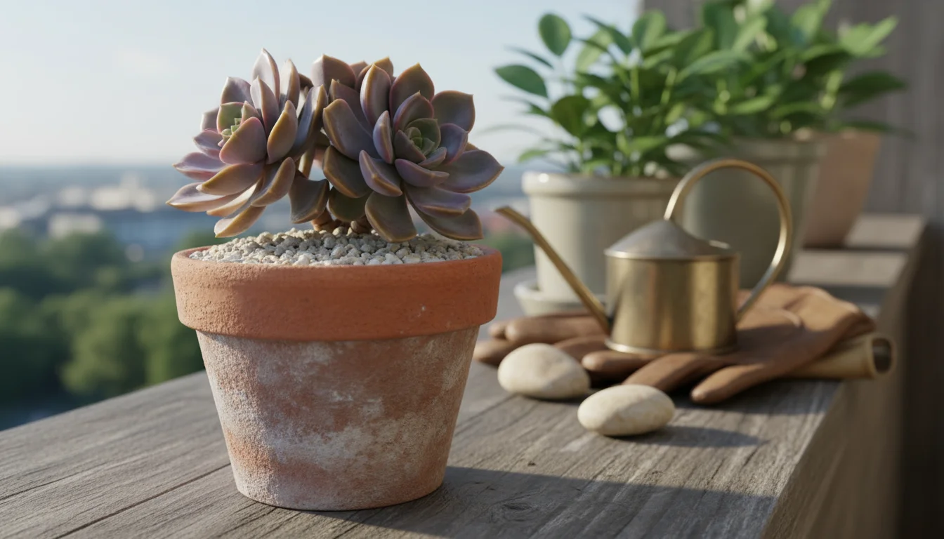 Echeveria succulent in terracotta pot, topped with light horticultural grit. A small scoop of worm castings and pile of grit sit on wood nearby.