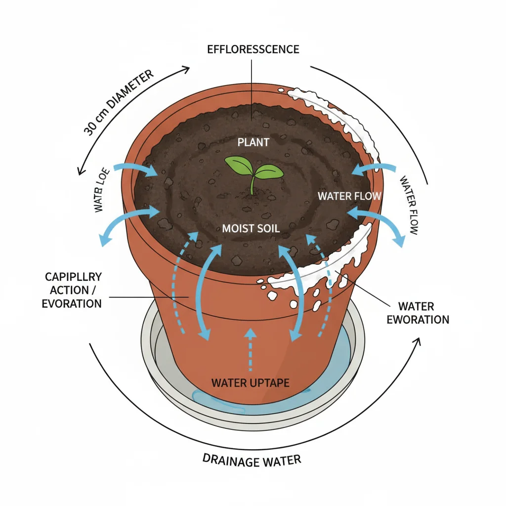 Efflorescence diagram: Water wicks up a 30cm terracotta pot, depositing salt crystals as it evaporates. Arrows show water flow.