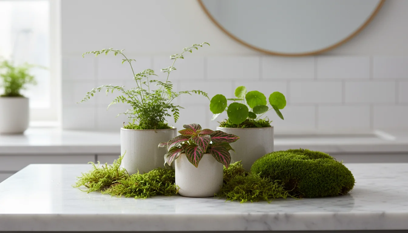 An elegant display of small terrarium plants: Maidenhair fern, Lemon Button fern, and Fittonia with pink veins, alongside green mosses, arranged on a 