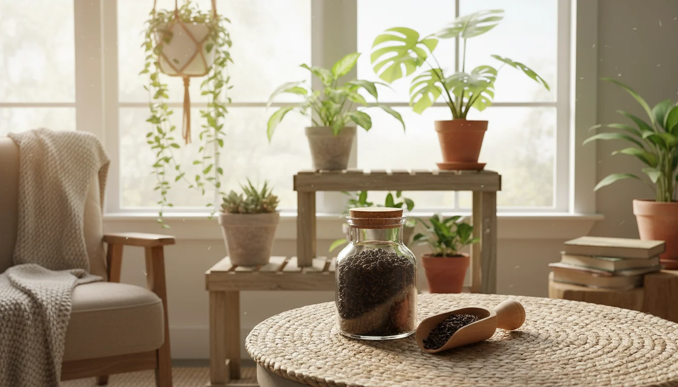 An elegant glass jar of worm castings with a wooden scoop on a mat, surrounded by healthy potted indoor plants on a wooden stand in soft morning light
