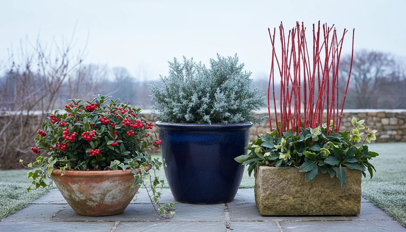 An elegant winter container display on a small patio featuring a dwarf juniper, red-berried Skimmia, Hellebore, and red-twig dogwood branches.