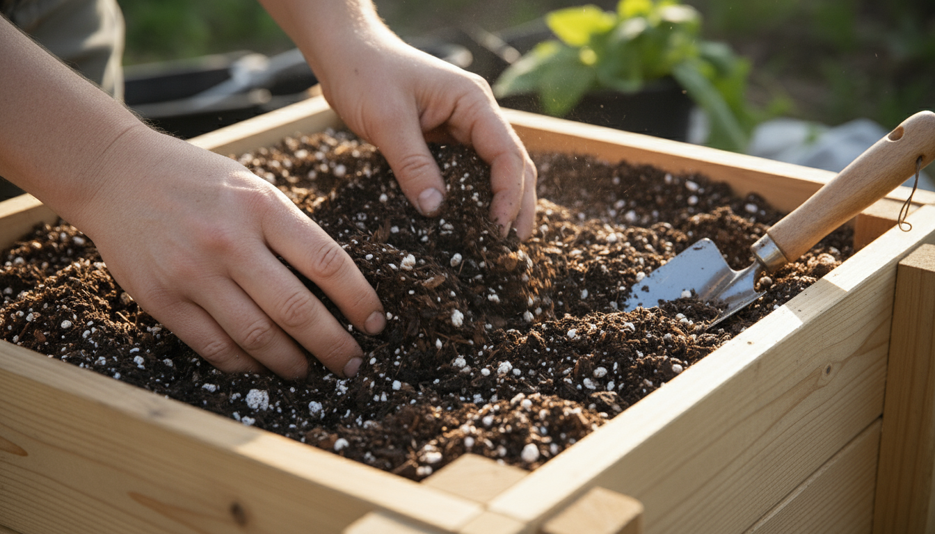 Person using a shovel to mix dark compost, light coconut coir, and white perlite on a blue tarp on a sunny patio, next to an empty raised bed.