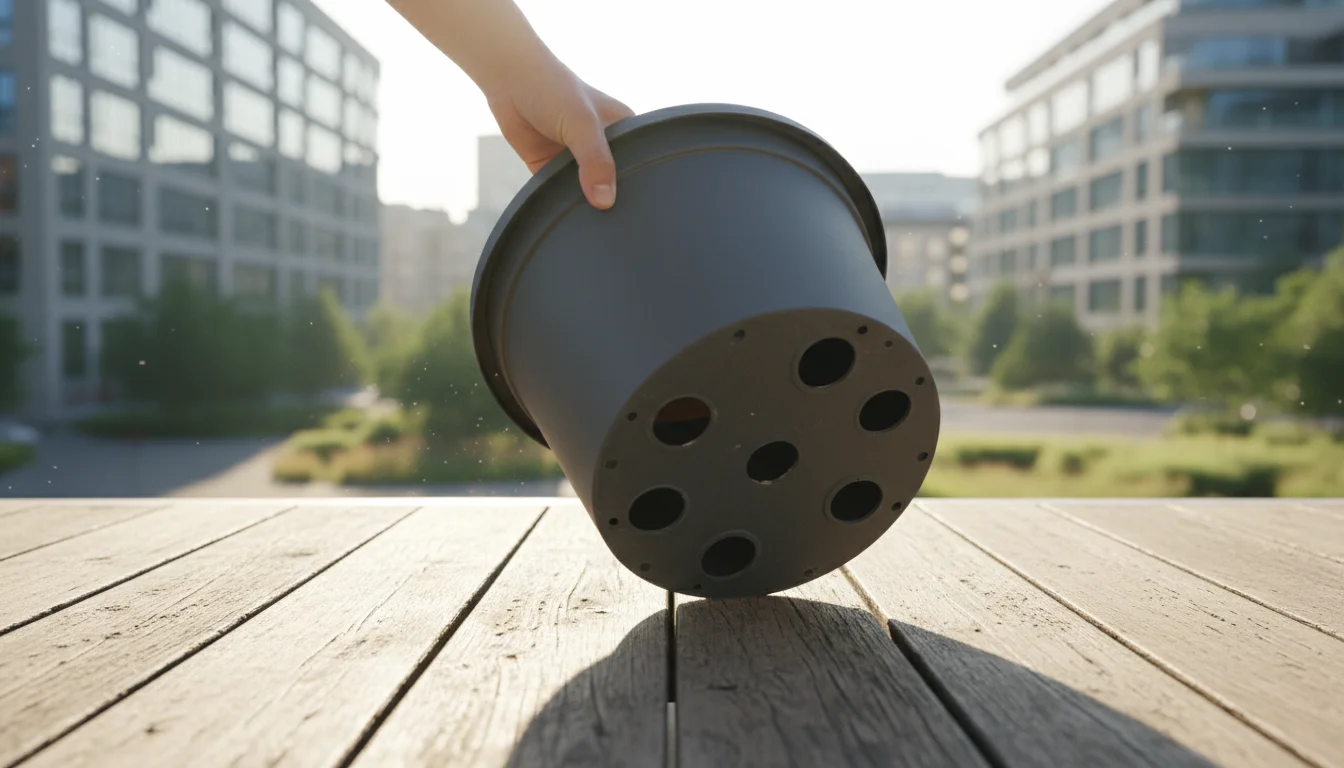Empty dark grey composite planter tilted on a wooden balcony deck, a hand revealing prominent drainage holes on its bottom.