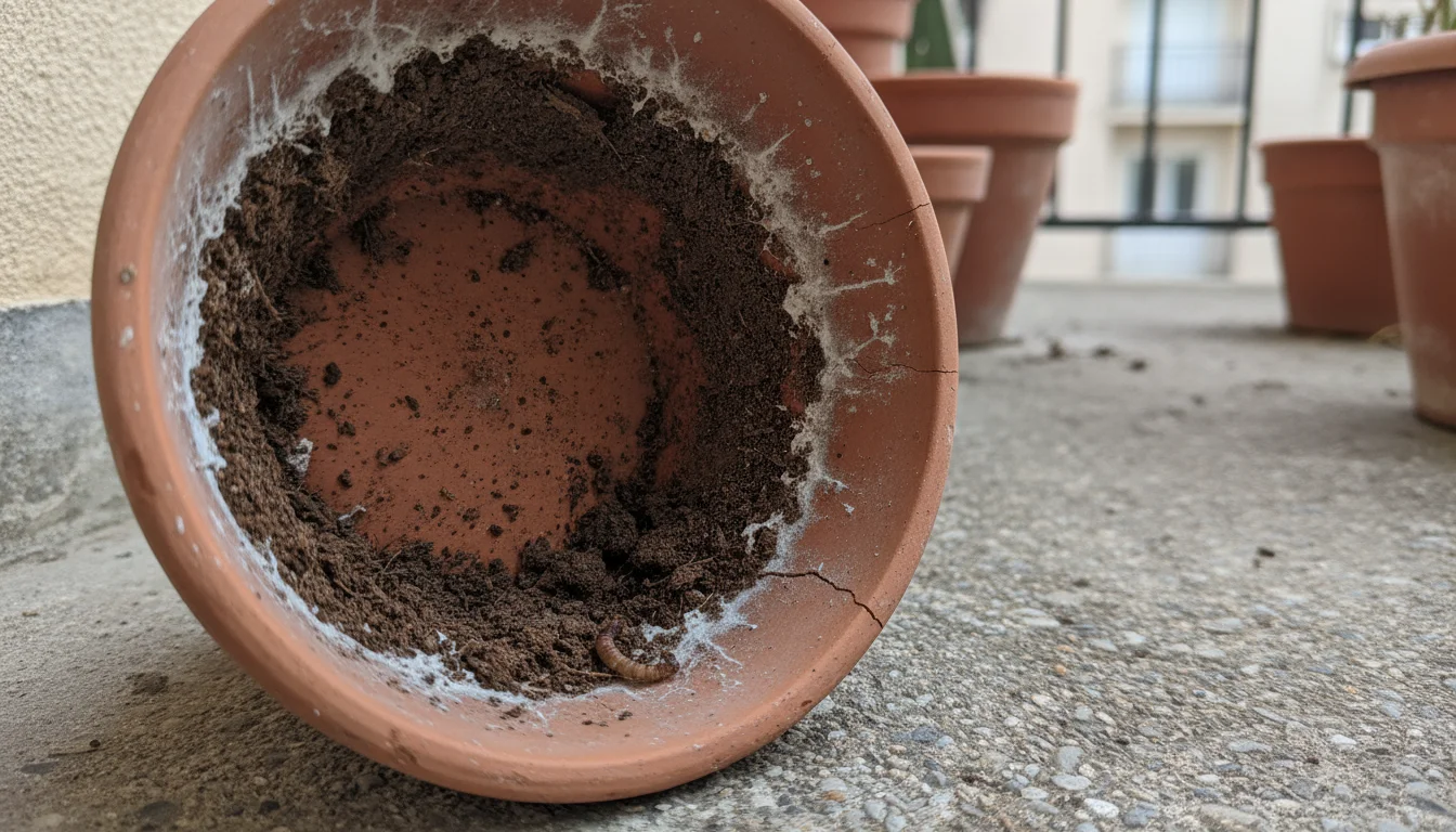 An empty, dirty terracotta pot with dried soil and white powdery residue inside, sitting on a concrete balcony floor.