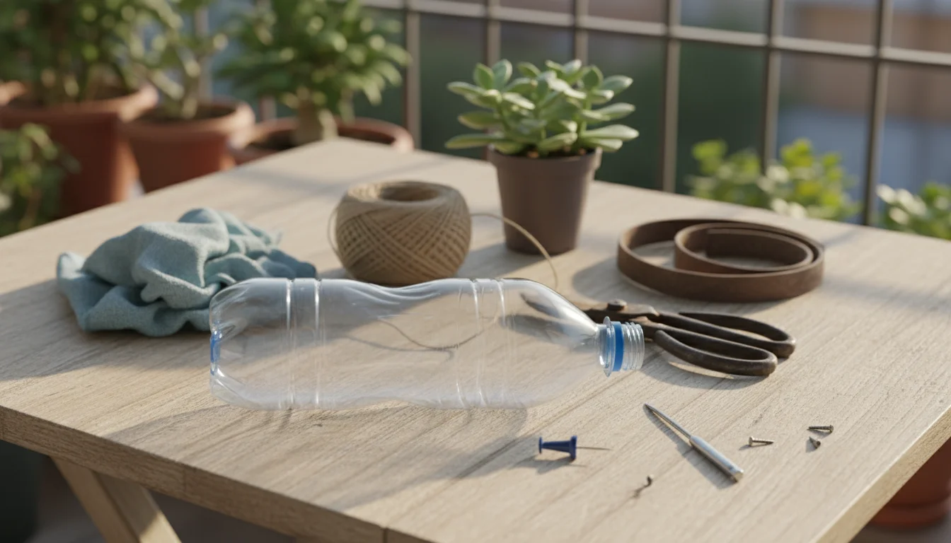 Empty plastic water bottle, pushpin, and slender awl casually arranged on a weathered wooden balcony table, ready for a DIY project.