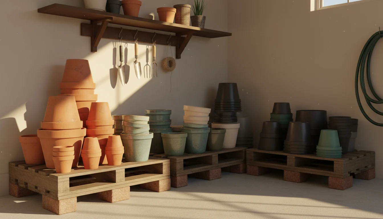 Empty terracotta, ceramic, and plastic gardening pots neatly stacked and elevated on wooden pallets and bricks in a clean garage corner.