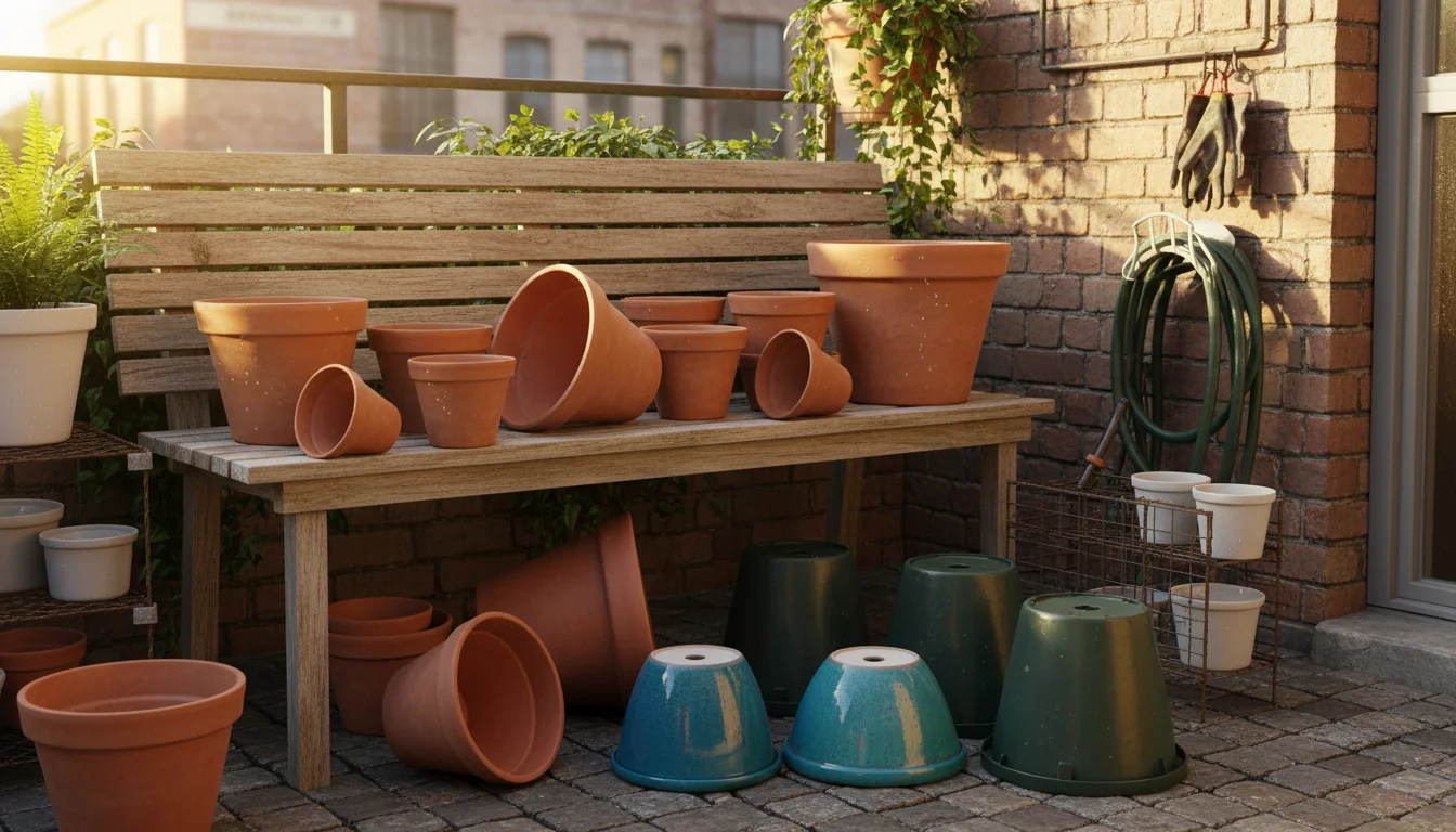 Empty terracotta, plastic, and ceramic garden pots drying on a sunny patio bench and floor.