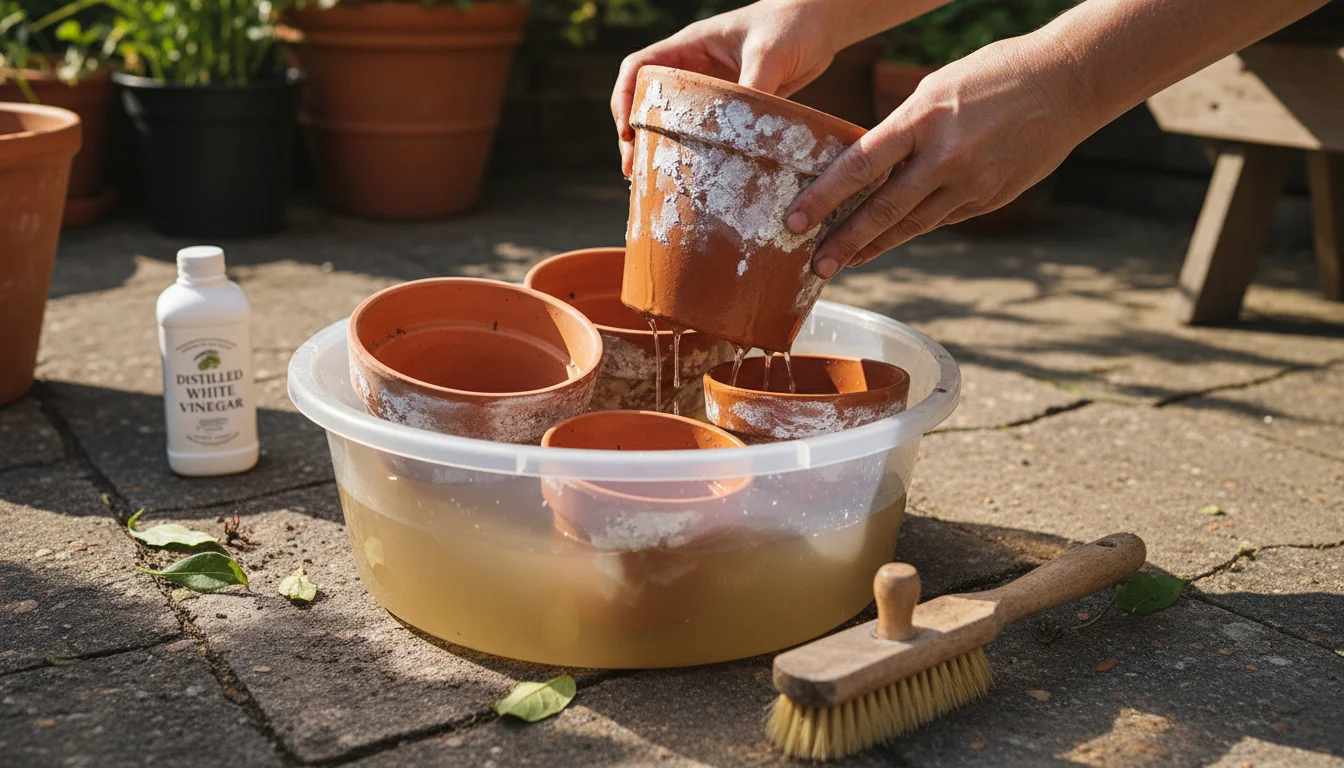 Empty terracotta pots soaking in a basin of water on a patio, a hand lifts one to show dissolving white crust.