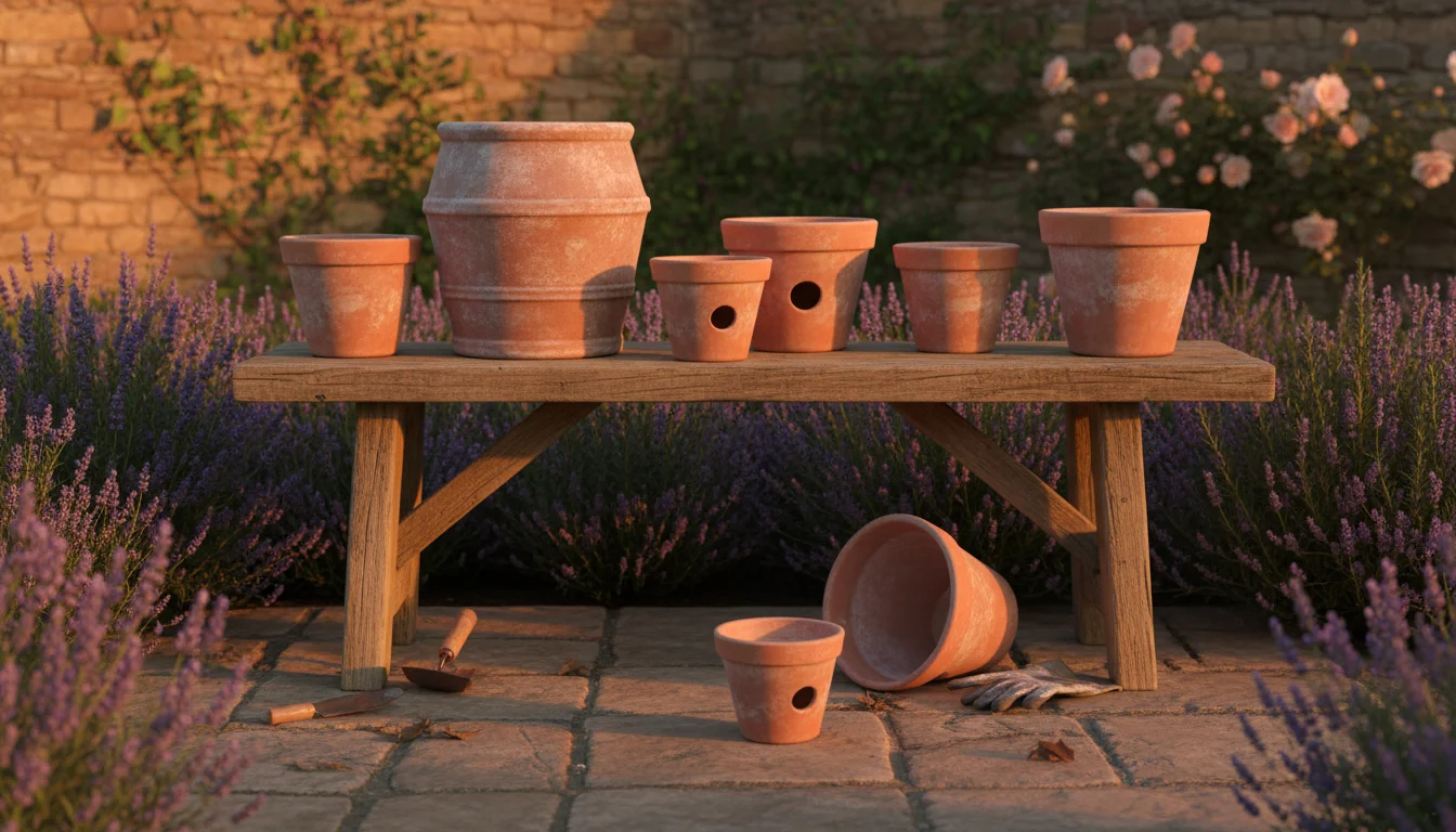 Empty terracotta pots of varying sizes, one tilted to show a drainage hole, arranged on a sunny wooden patio bench next to a small green plant and gar