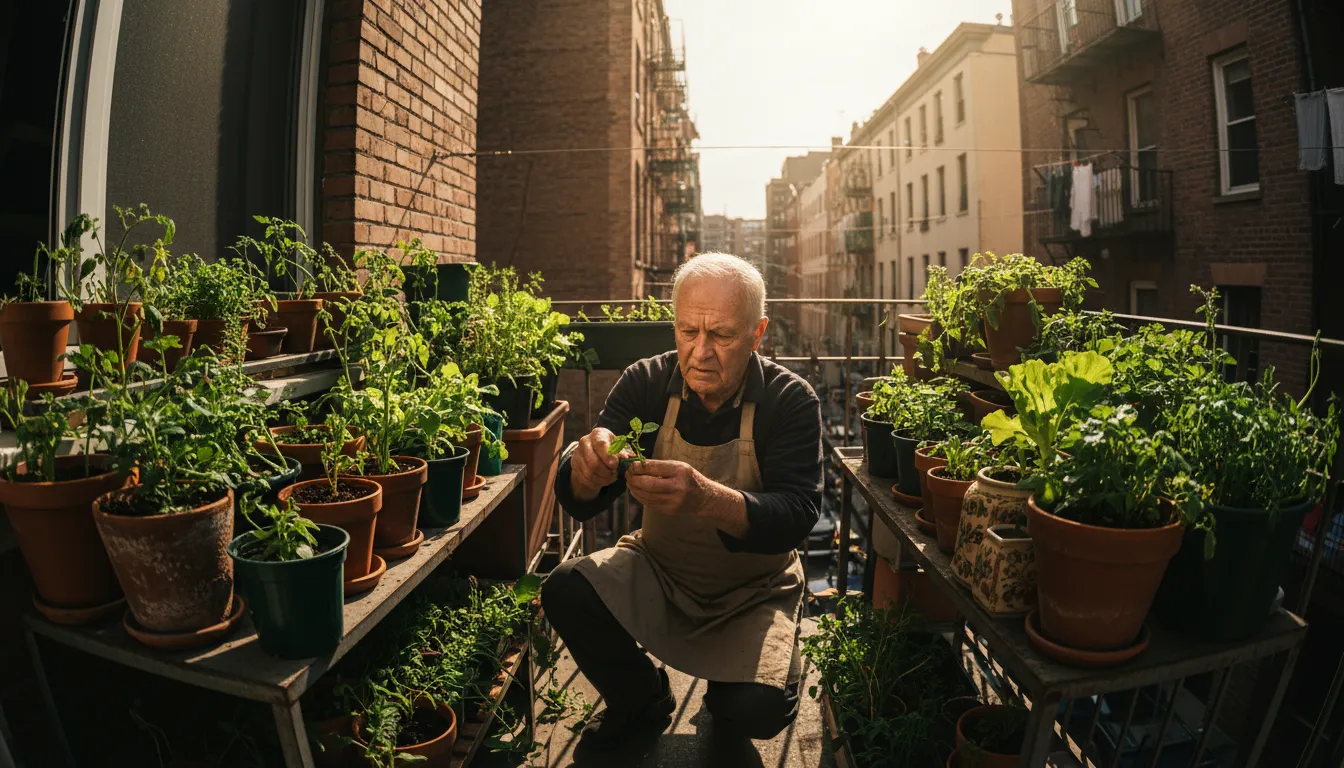 An older person carefully tends to container vegetables like tomatoes and lettuce on a small sunny balcony, captured in an ultra-wide shot with strong