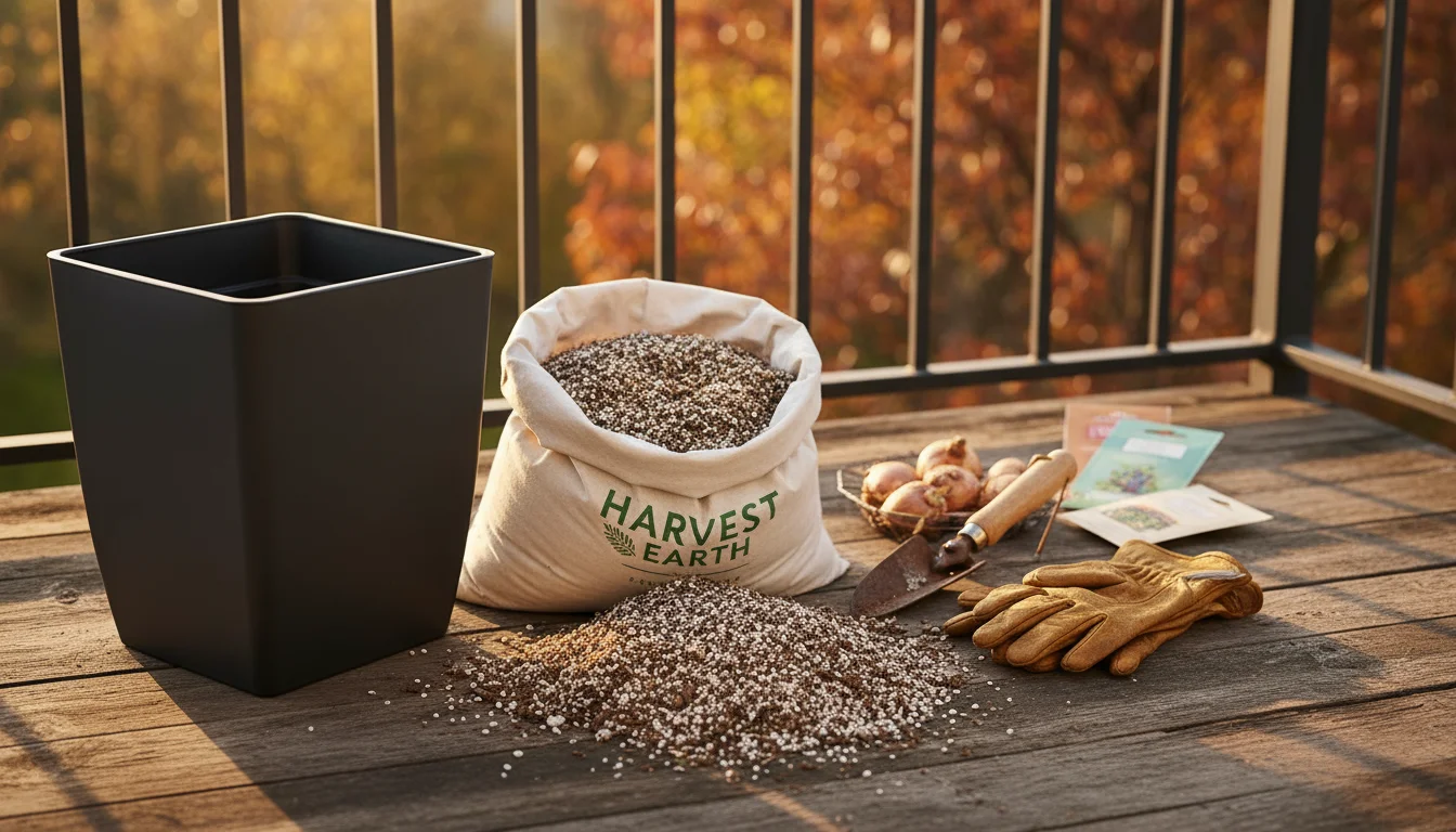 Essential fall planting supplies on a balcony deck: a deep grey container, an open bag of premium potting mix with perlite, and a trowel.