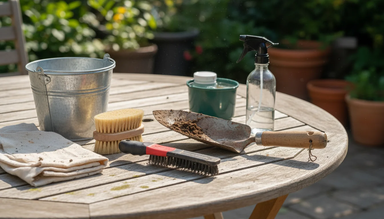 Essential garden tool cleaning supplies, including stiff-bristled and wire brushes, a bucket, rag, and spray bottle, on a wooden patio table.
