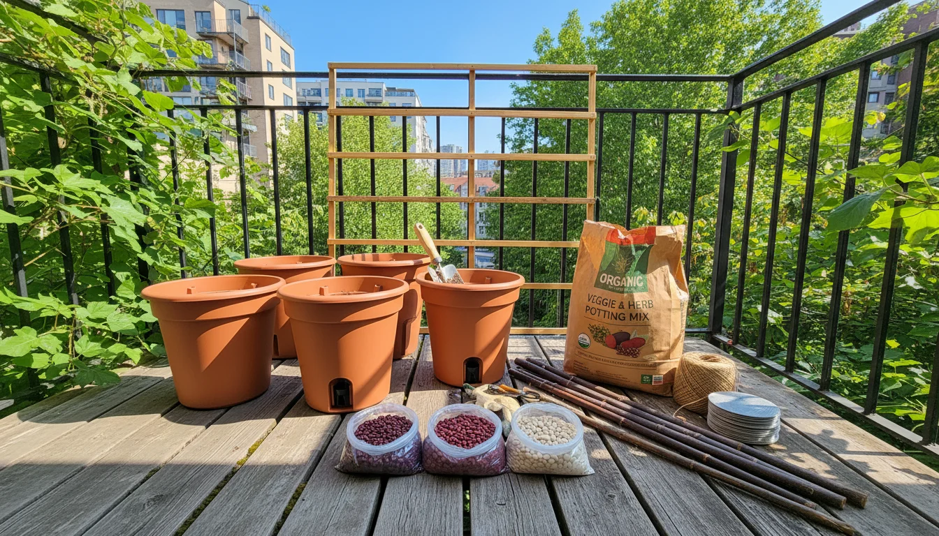 Essential gardening supplies laid out on a clean patio floor for a bean curtain project, including pots, soil, seeds, and stakes.