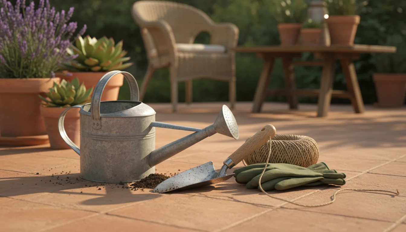 Essential gardening tools: galvanized watering can, trowel, gloves, and a bulb planter, laid out on a sunny patio surface next to a pot.