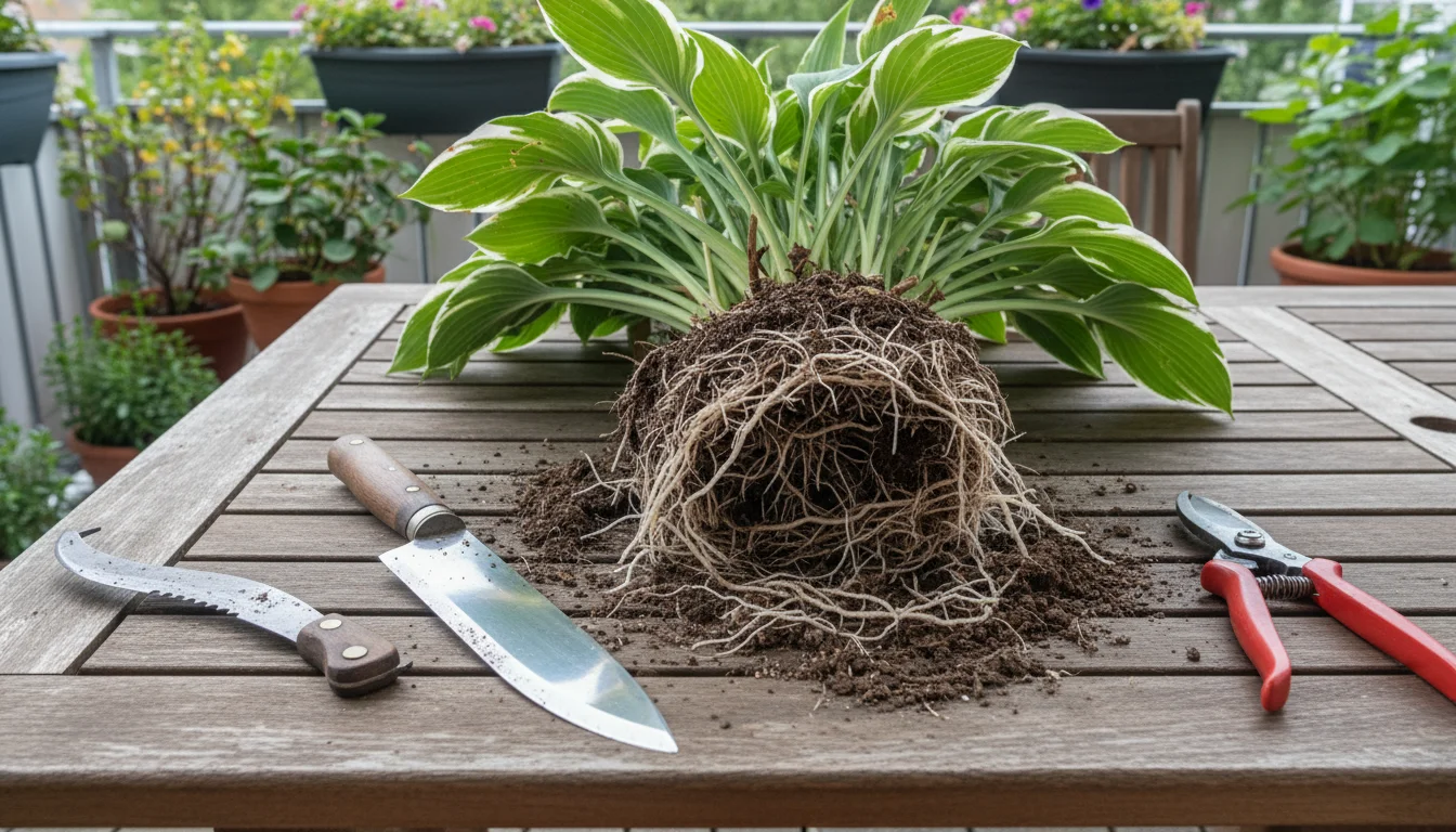 Close-up of essential gardening tools: hori-hori knife, kitchen knife, pruning shears, next to a hosta with exposed roots on a patio table.