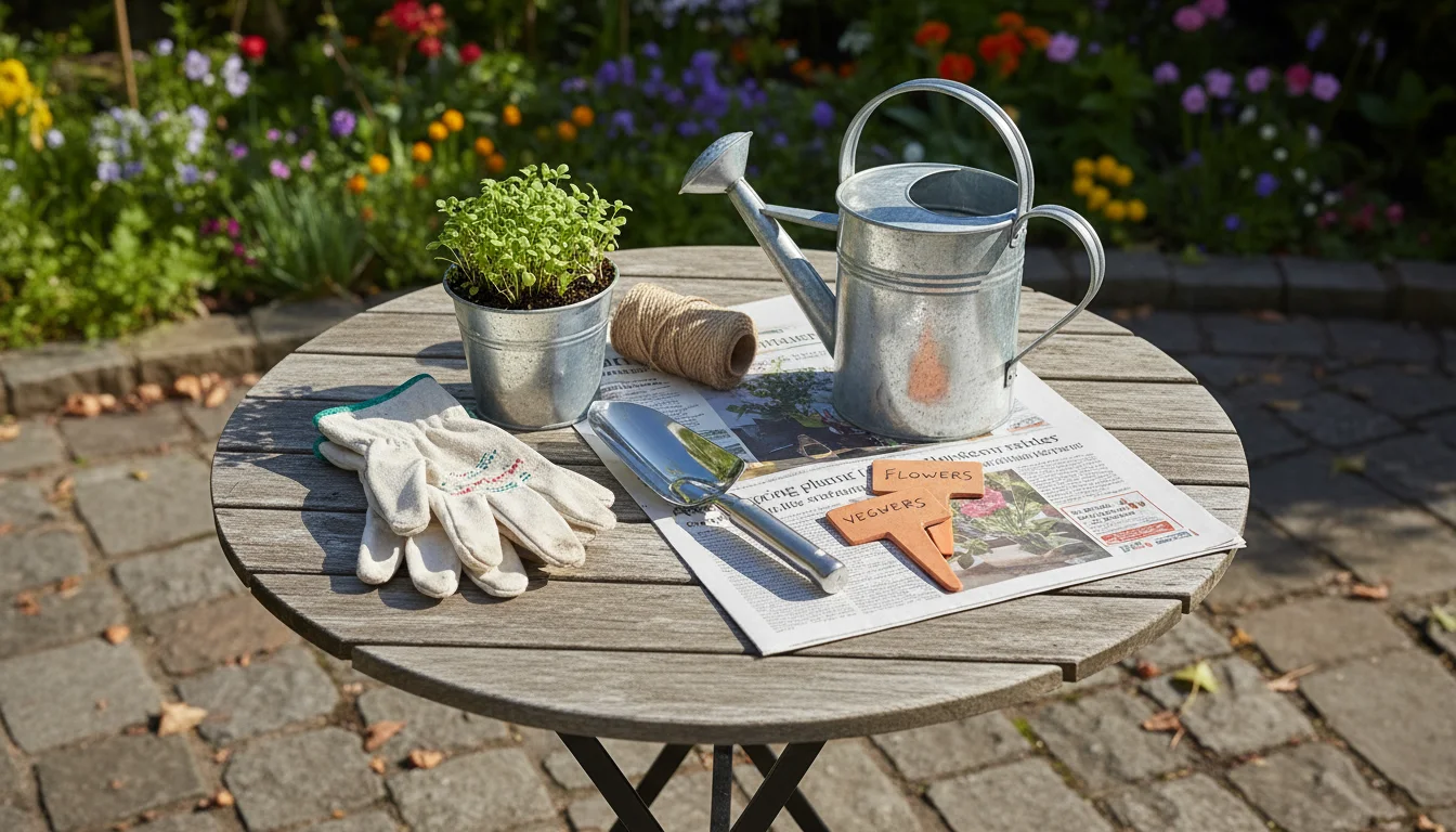 Essential gardening tools: a small trowel, watering can with a fine rose, gloves, and pruning shears, neatly laid out on newspaper on a weathered pati