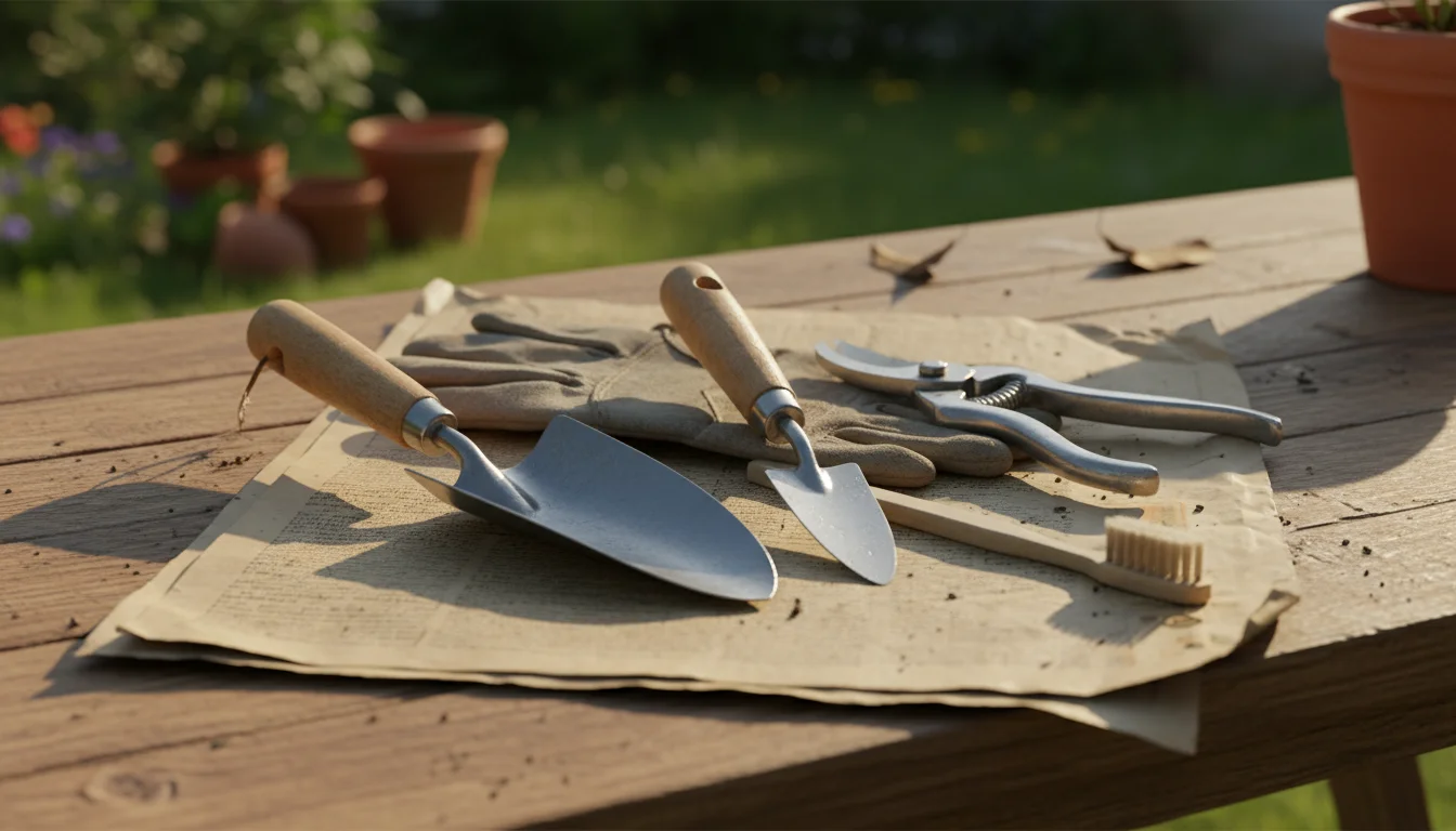 Essential gardening tools—trowel, pruning shears, gloves, toothbrush—laid out on recycled cardboard on a patio, ready for tuber digging.