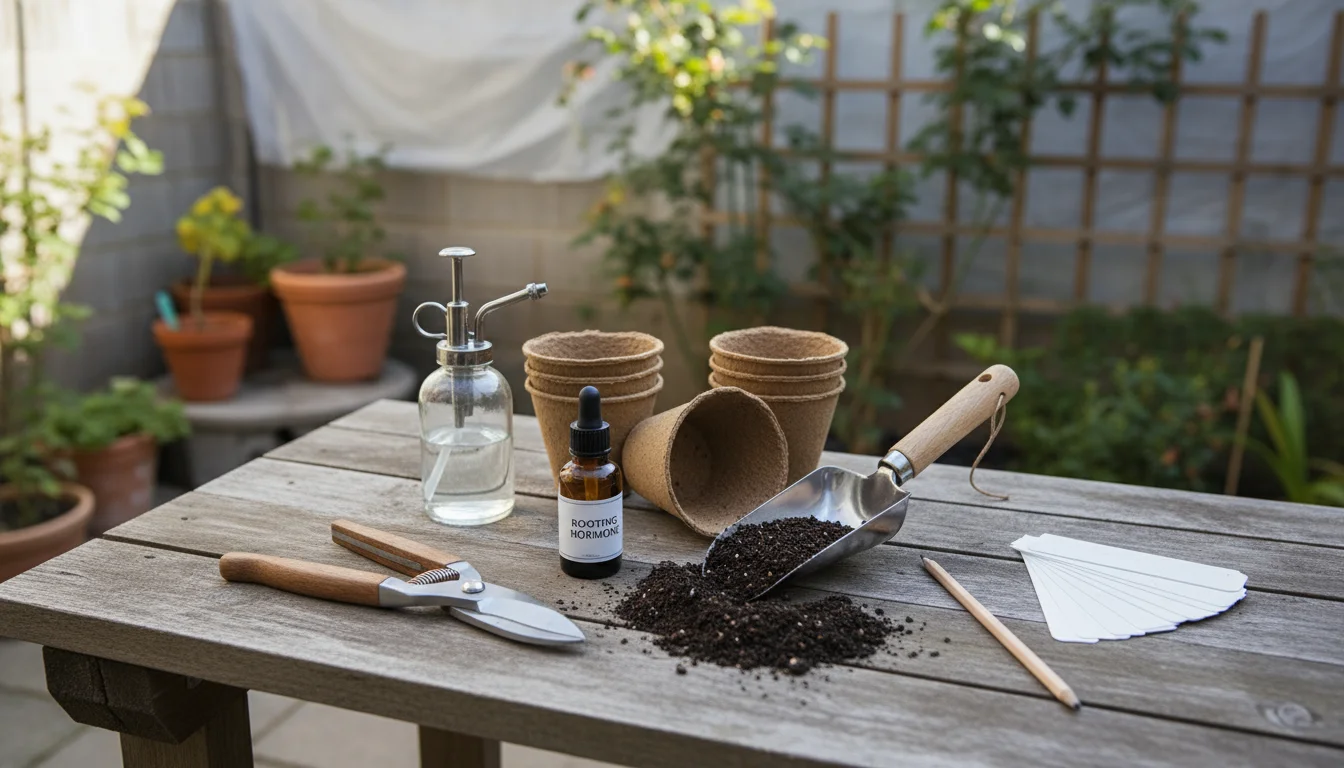 Essential plant propagation tools laid out on a potting bench: clean pruners, spray bottle, starter pots, seed mix, rooting hormone, labels.