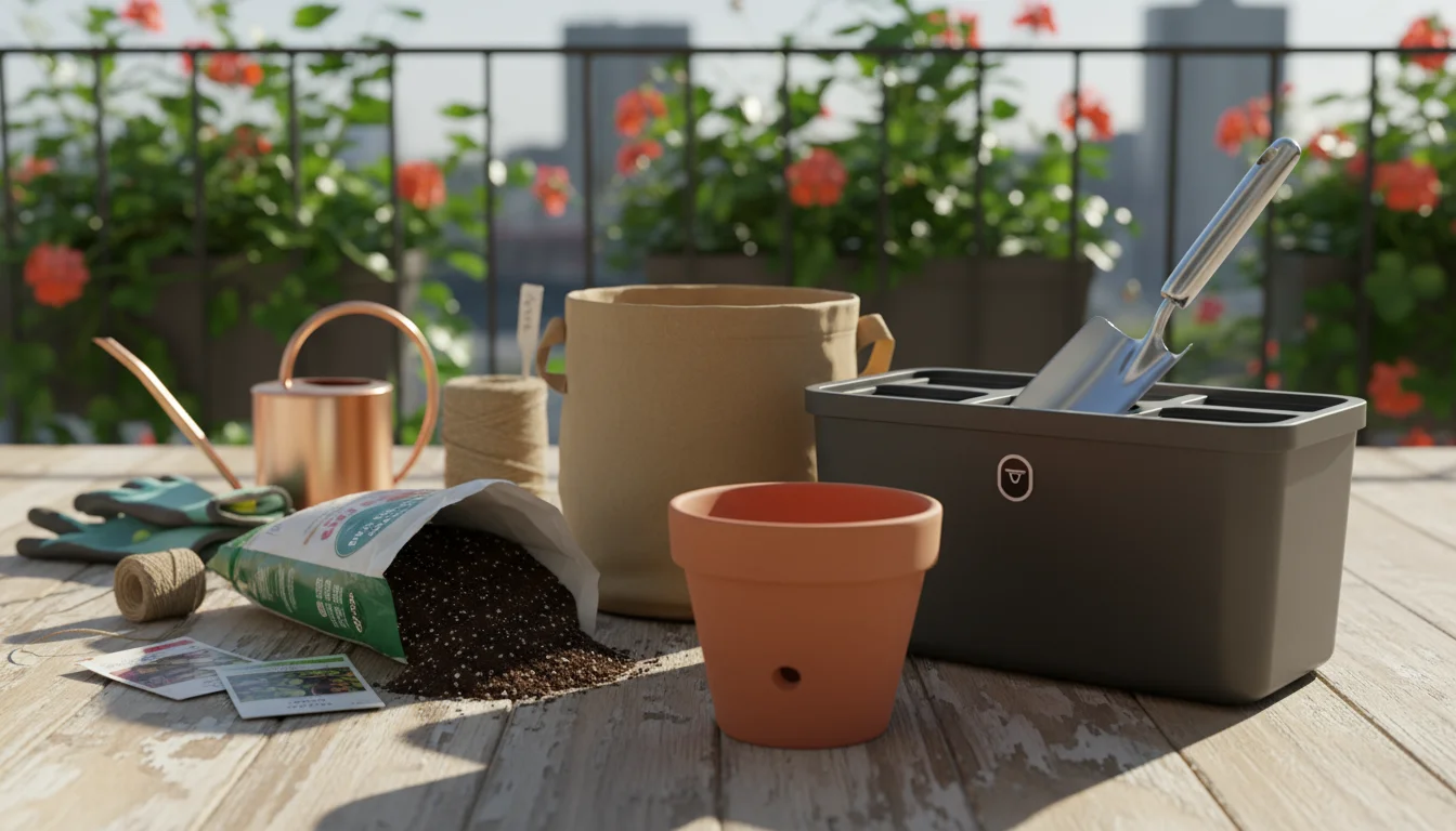 Essential small-space container gardening setup on a patio, featuring diverse empty pots, potting mix, trowel, and a vertical planter.