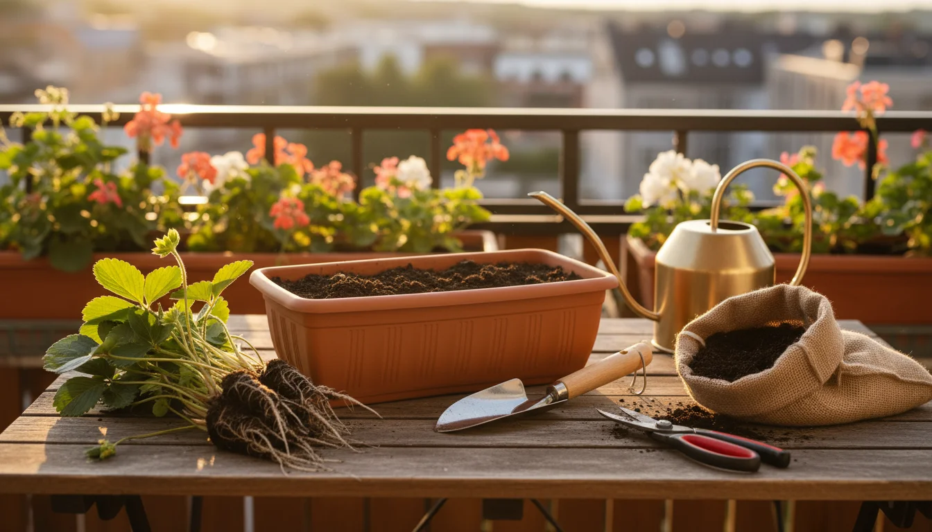 Essential tools and materials for planting strawberries on a small outdoor table: window box, potting mix, bare-root plants, trowel, watering can, she