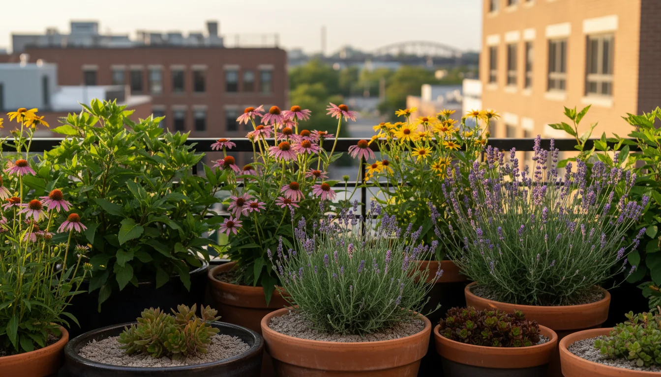 Established native plants in terracotta and ceramic pots thrive on a balcony, their healthy foliage contrasting with dry topsoil, demonstrating water