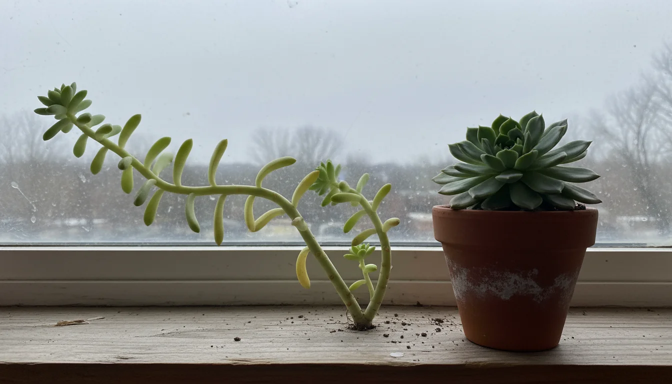 Etiolated Echeveria succulent with stretched stem next to a healthy, compact one on a dim winter windowsill.