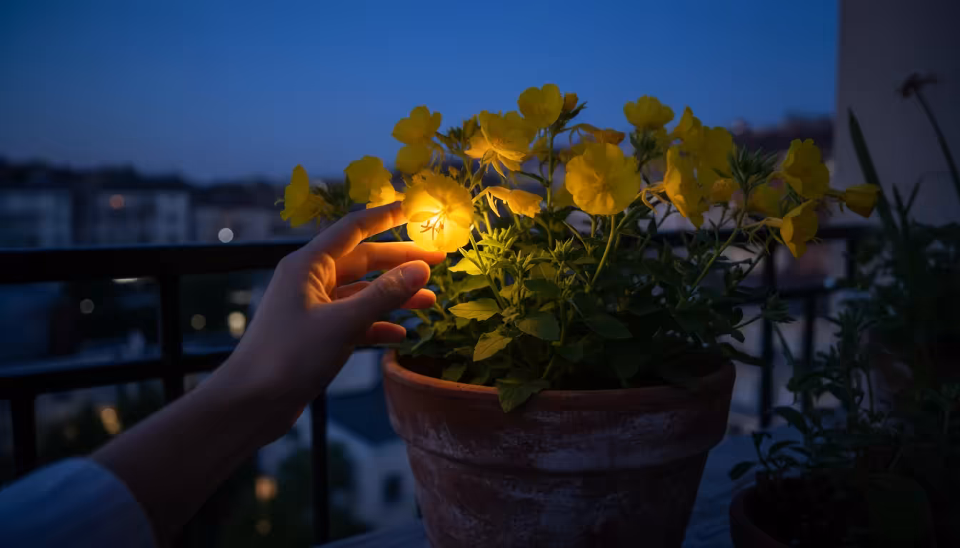 Evening primrose (Oenothera biennis) in a 10-inch terracotta pot on a balcony at twilight, its open yellow flowers glowing, a hand reaching towards on