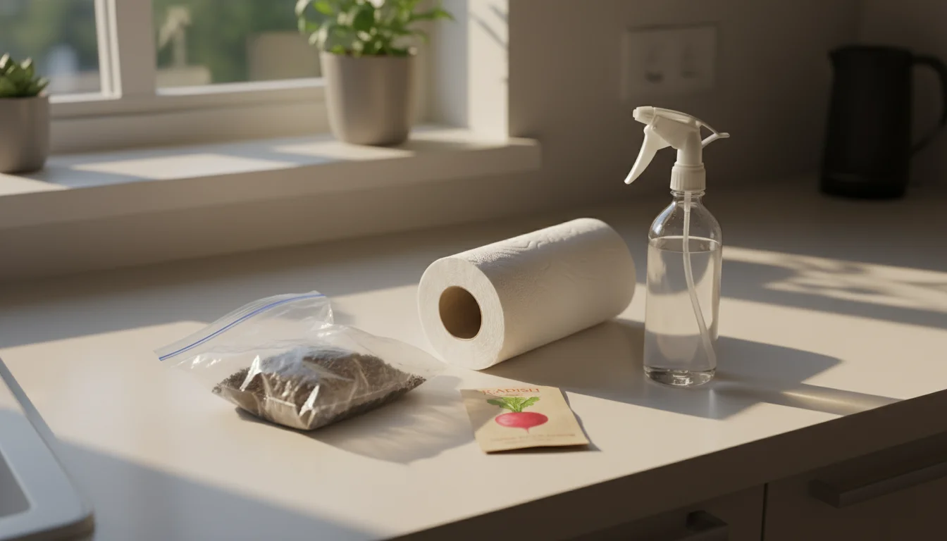 Everyday items for seed starting: a ziplock bag, paper towels, a radish seed packet, and a spray bottle on a sunlit urban kitchen counter.