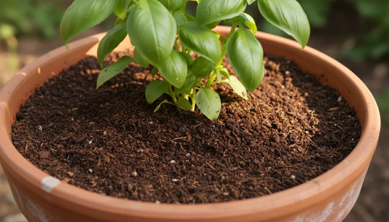 Close-up of exceptionally rich, dark, crumbly soil in a terracotta pot, subtly glistening with moisture at the base of a vibrant green basil plant.
