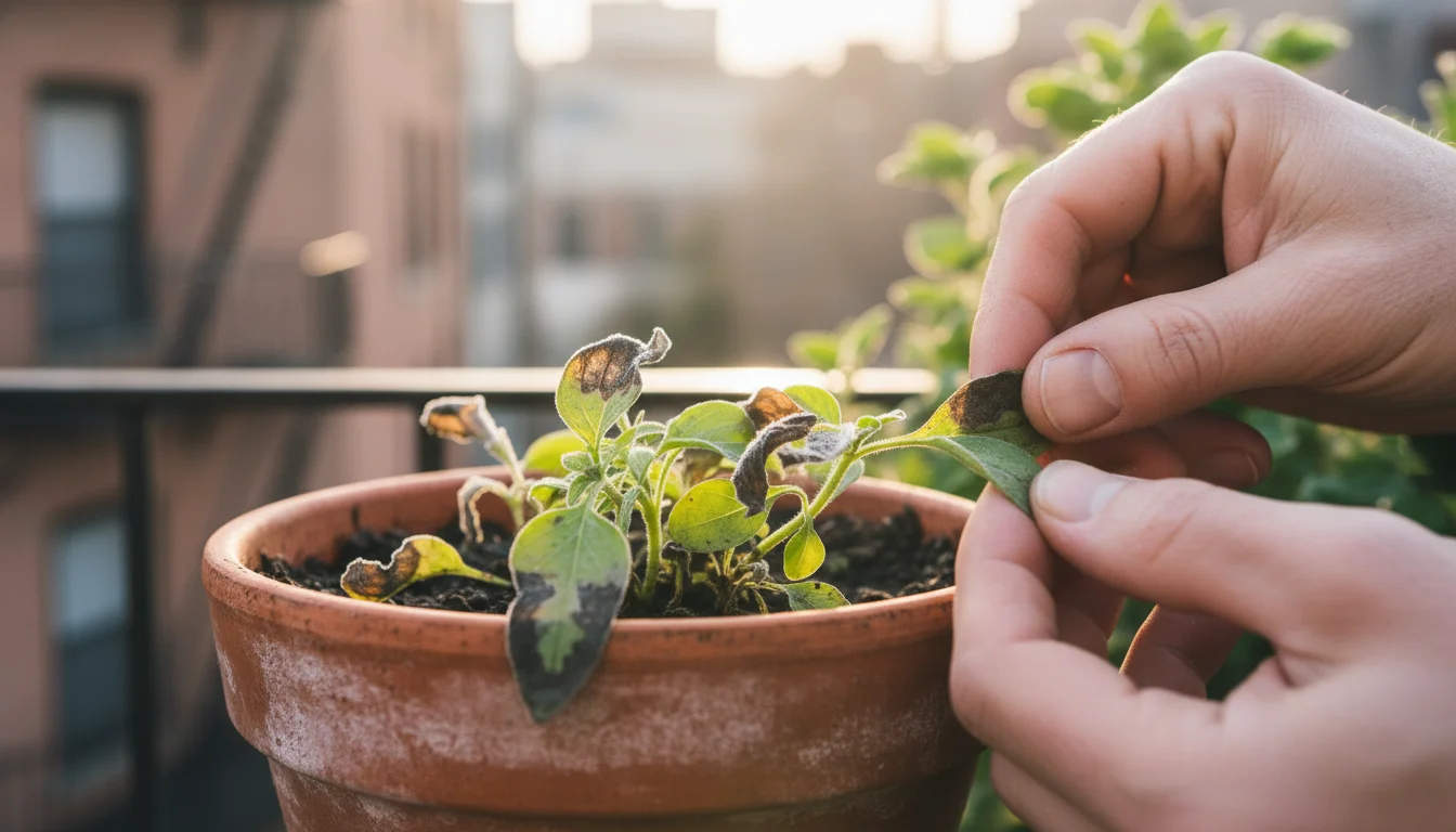 Close-up of experienced hands gently examining frost-damaged, wilting leaves on a small container plant in a terracotta pot on a balcony.