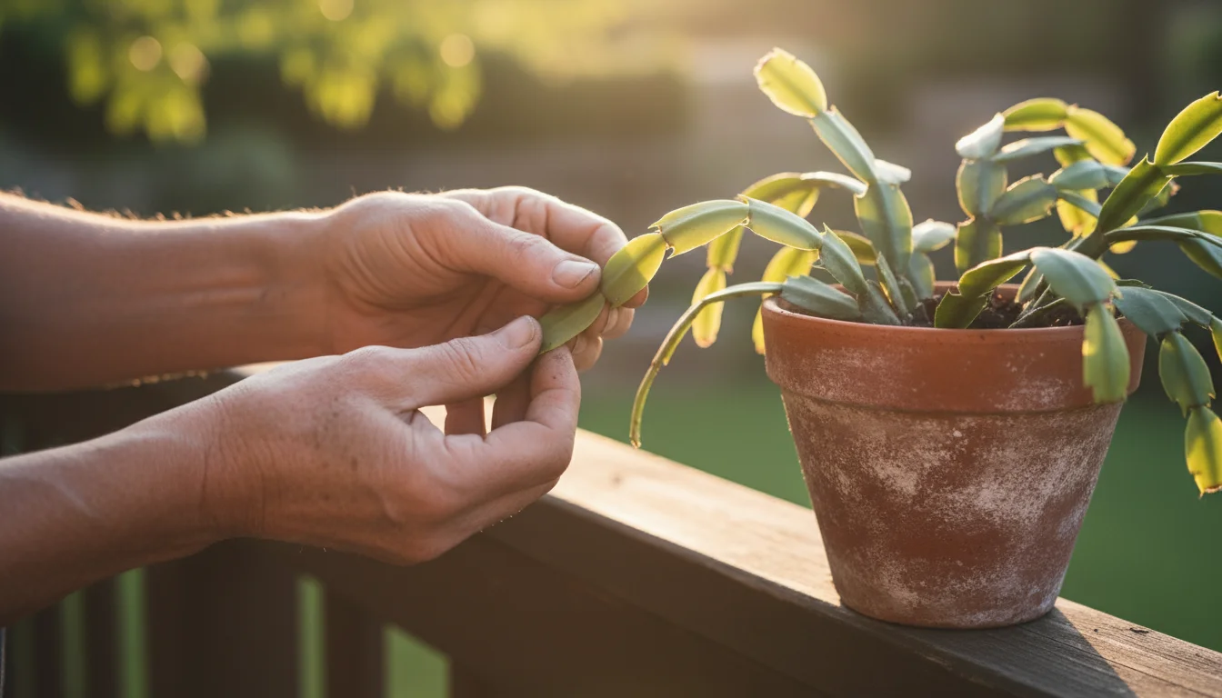 Close-up of experienced hands gently turning a Christmas Cactus leaf to inspect its underside in dappled sunlight on a balcony.