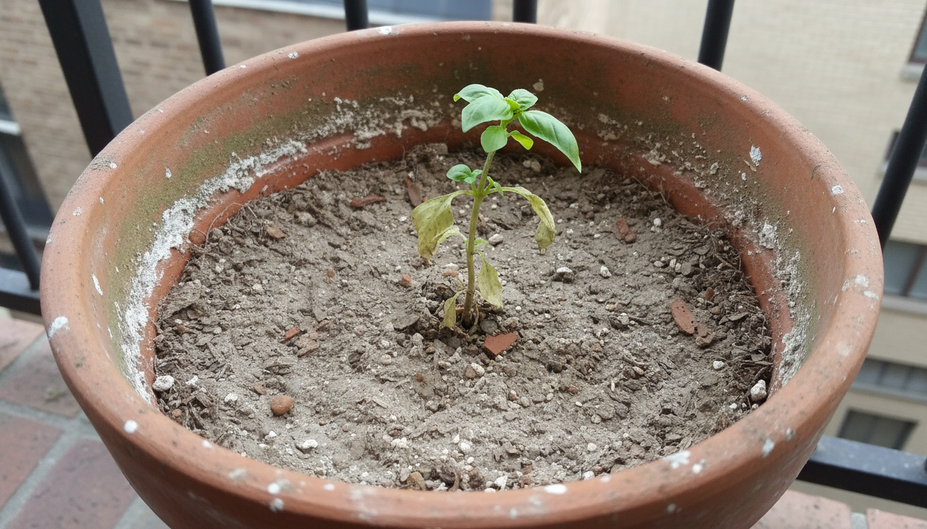 Close-up of a container basil plant's new growth with green aphids and sticky honeydew, a gloved finger inspecting.