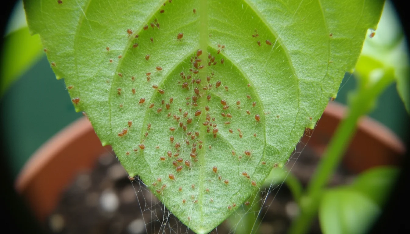 Extremely close-up of the underside of a green basil leaf showing tiny reddish-brown spider mites and faint webbing, with subtle stippling damage.