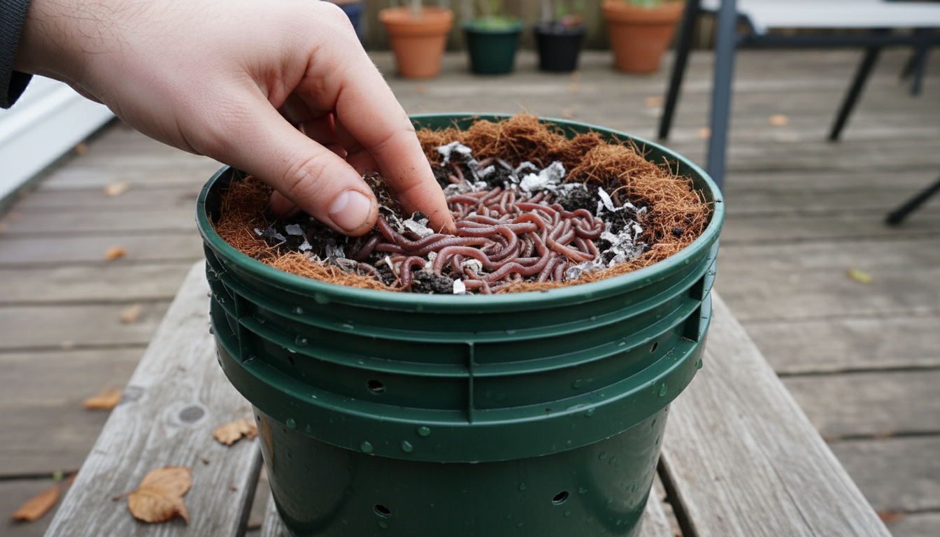 A hand gently uncovers active red wiggler worms and kitchen scraps in a compact, green worm bin on a patio.