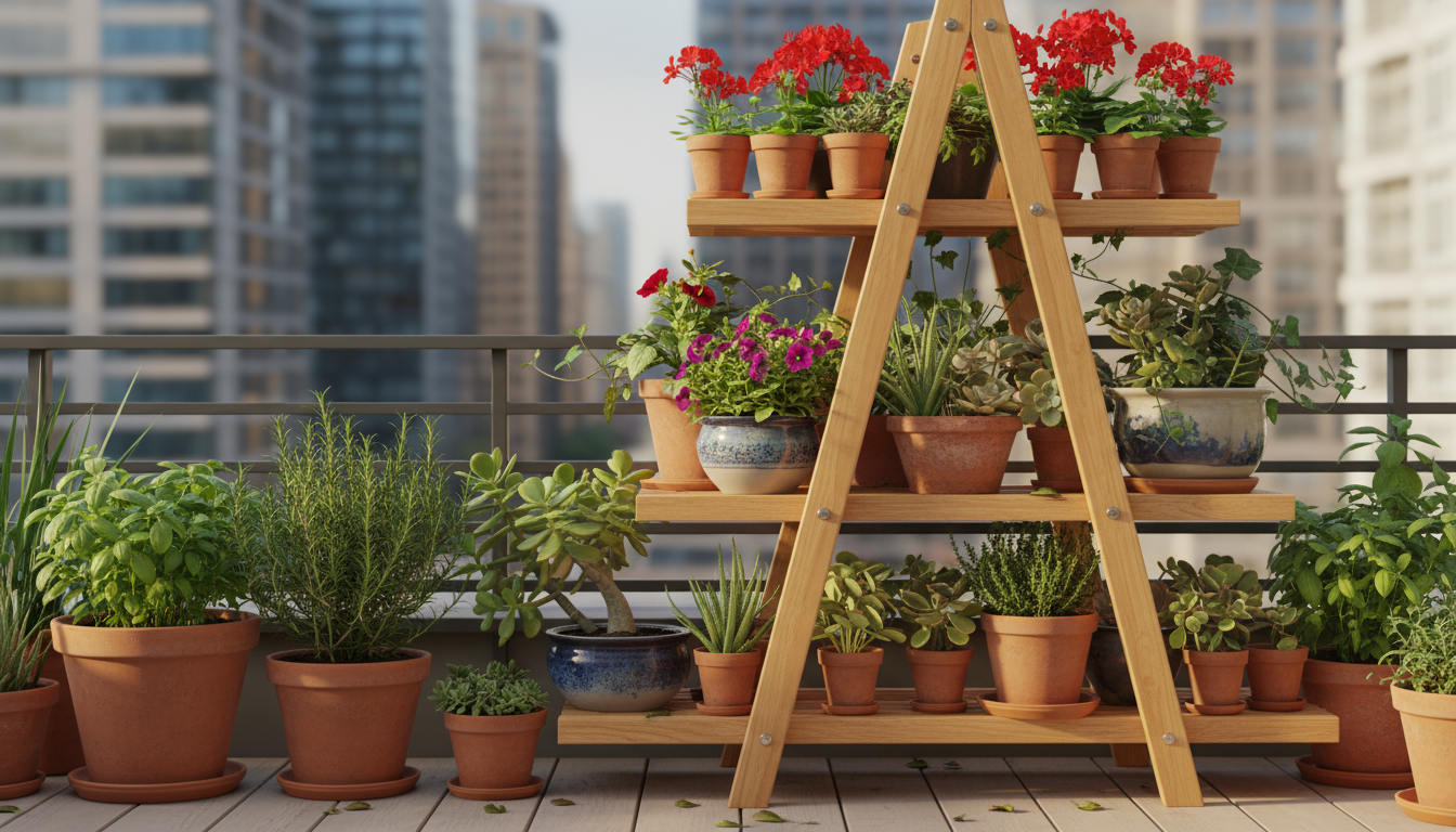 A light wooden pegboard vertical garden on a modern kitchen wall, filled with various potted herbs, a watering can, and small gardening tools.