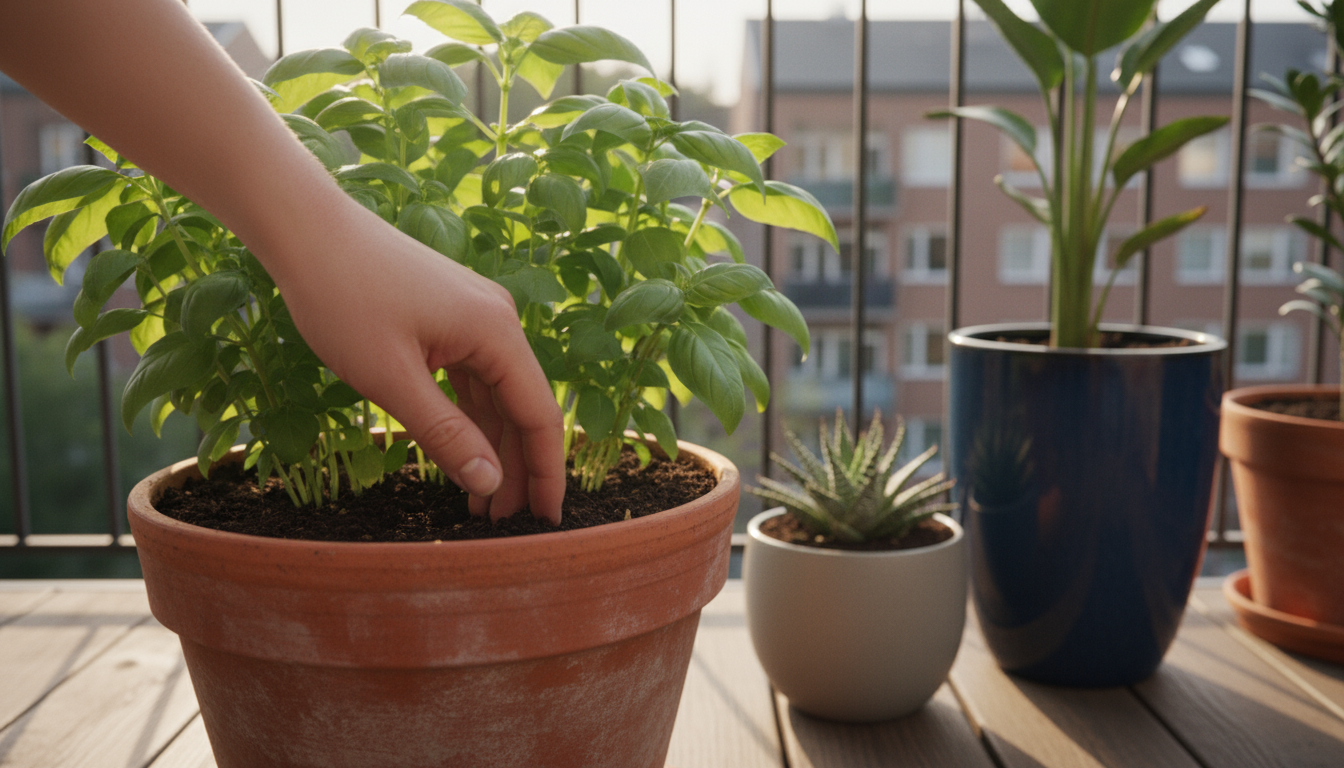 A red ladybug on an orange marigold leaf, with a basil plant nearby, in terracotta pots on a sunny urban balcony.