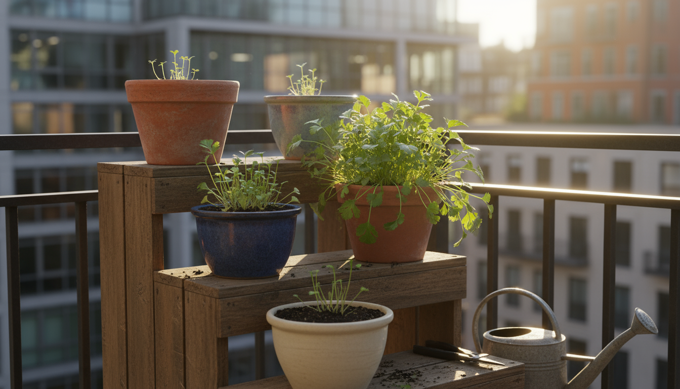 Lush basil, mint, and oregano growing vibrantly in pots on a counter under the bright, specific glow of a full-spectrum LED grow light.