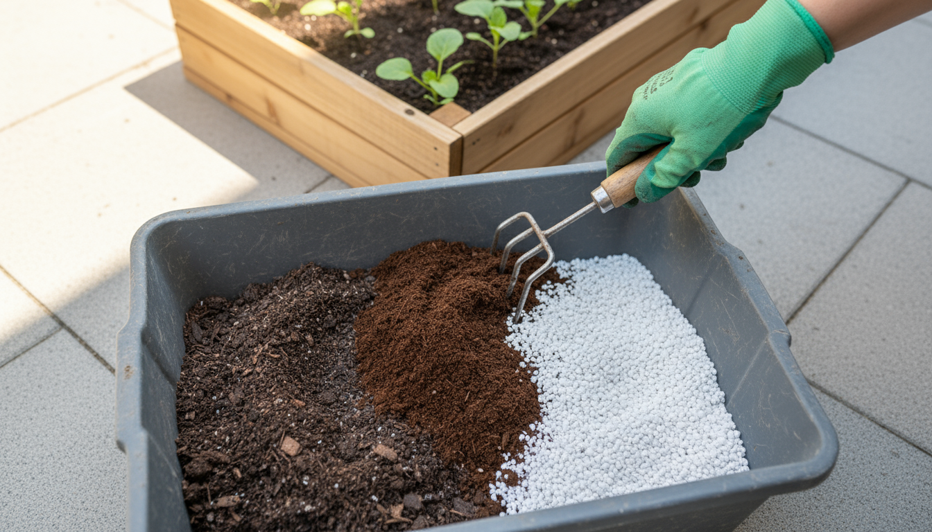 A gardener's hand checks a tomato leaf in a sunny raised bed on a patio, with a watering can nearby.