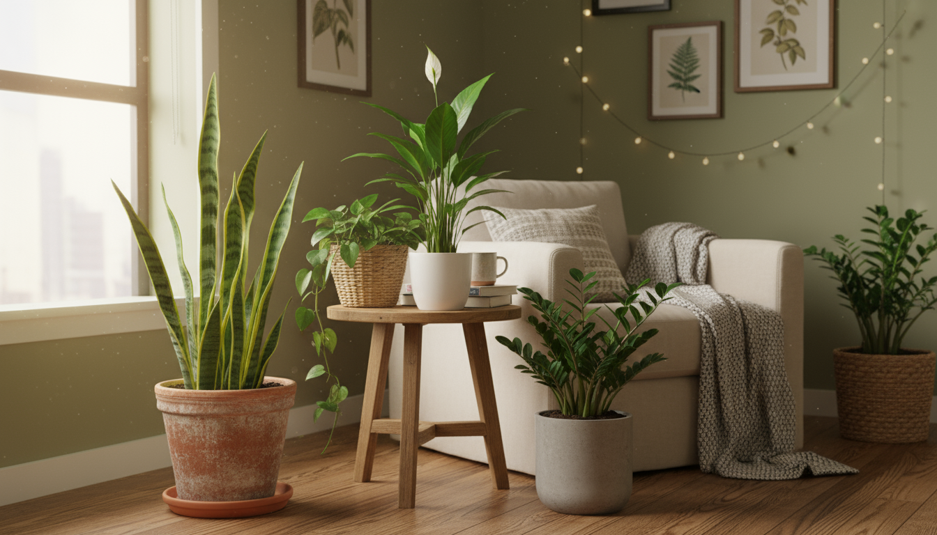 A Sansevieria plant in a terracotta pot on the floor next to a wooden side table with a clustered Peace Lily, Pothos, and ZZ plant.